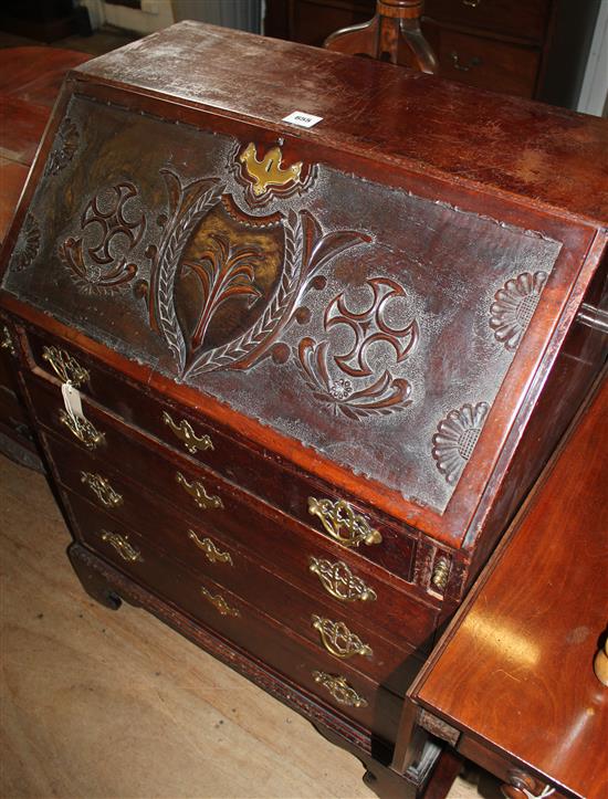 George III mahogany bureau with carved decoration